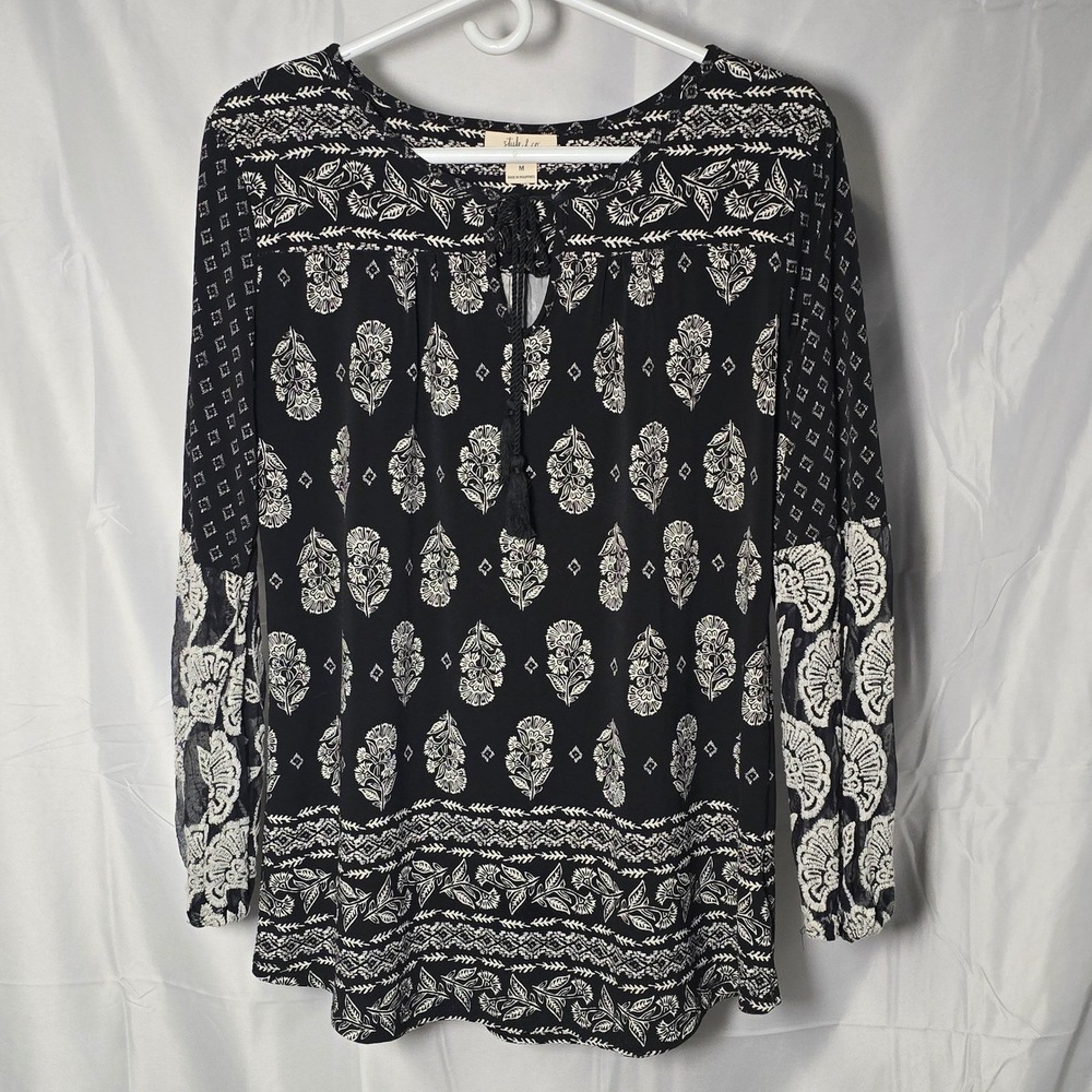 Style & Co Women Black Floral Peasant Blouse coquette boho indie Embroidered M